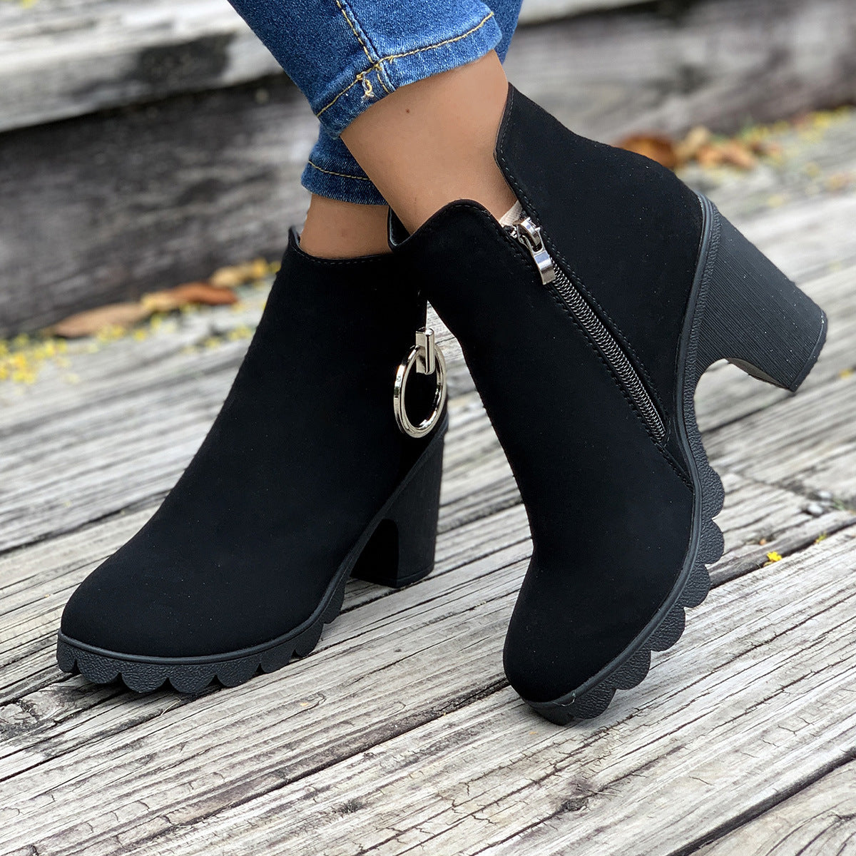 Chunky Heel Plus Size Side Zipper Round Head Ankle Boots High Heel Martin Boots