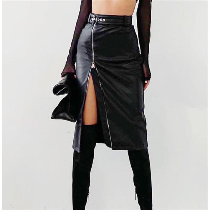 European And American Hip Split Leather Skirt