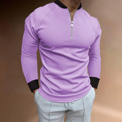 European And American Autumn Solid Color Zipped Round Neck Slim Polo Shirt T-shirt