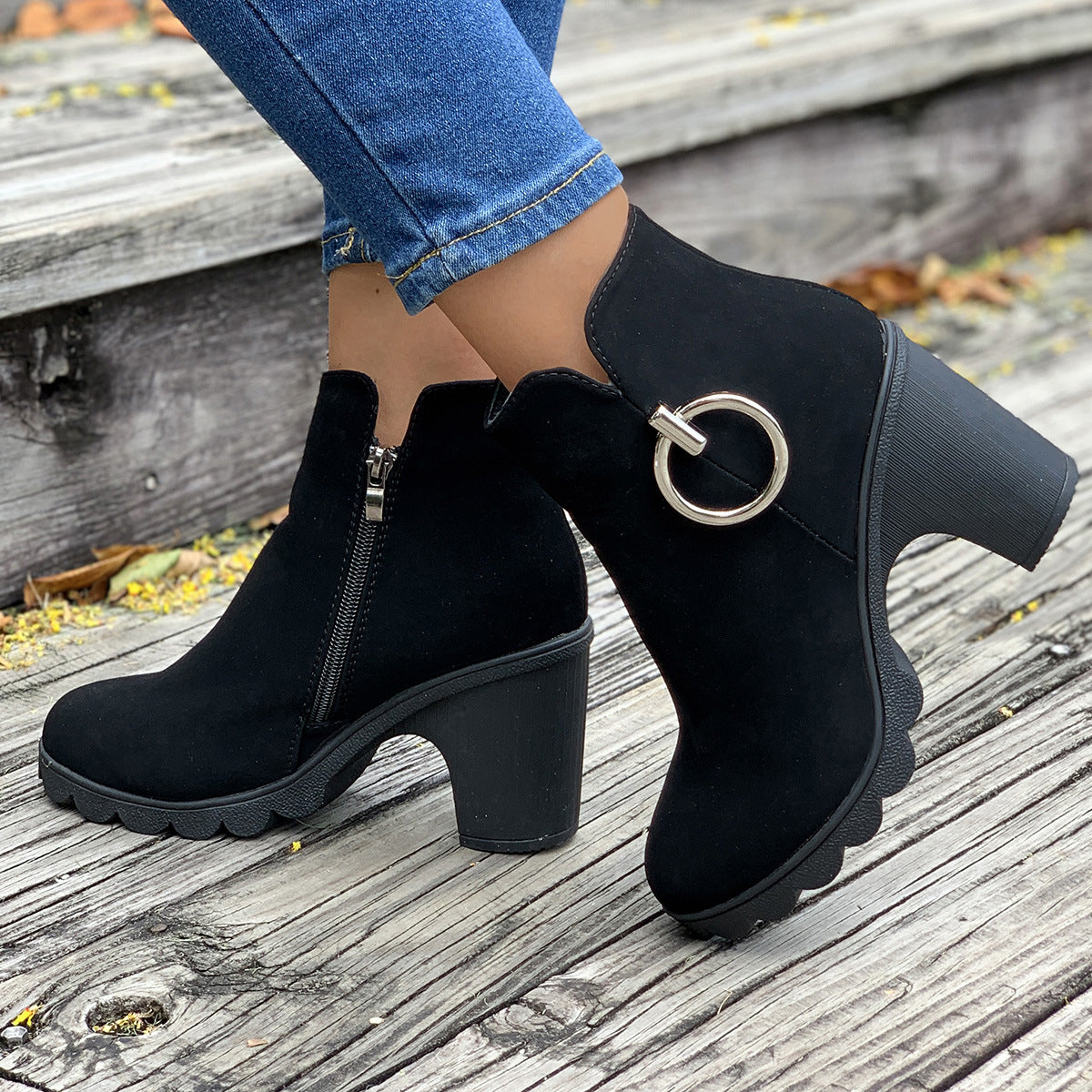 Chunky Heel Plus Size Side Zipper Round Head Ankle Boots High Heel Martin Boots