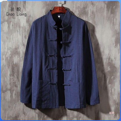 Chinese Style Buckle Cotton And Linen Shirt Stand Collar Chinese Style Long Linen Sleeves Shirt